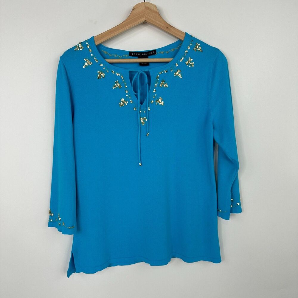 Larry Levine Tunic Large Teal Embroidered Rayon Fairy Boho 3/4 Sleeve Top Flaw